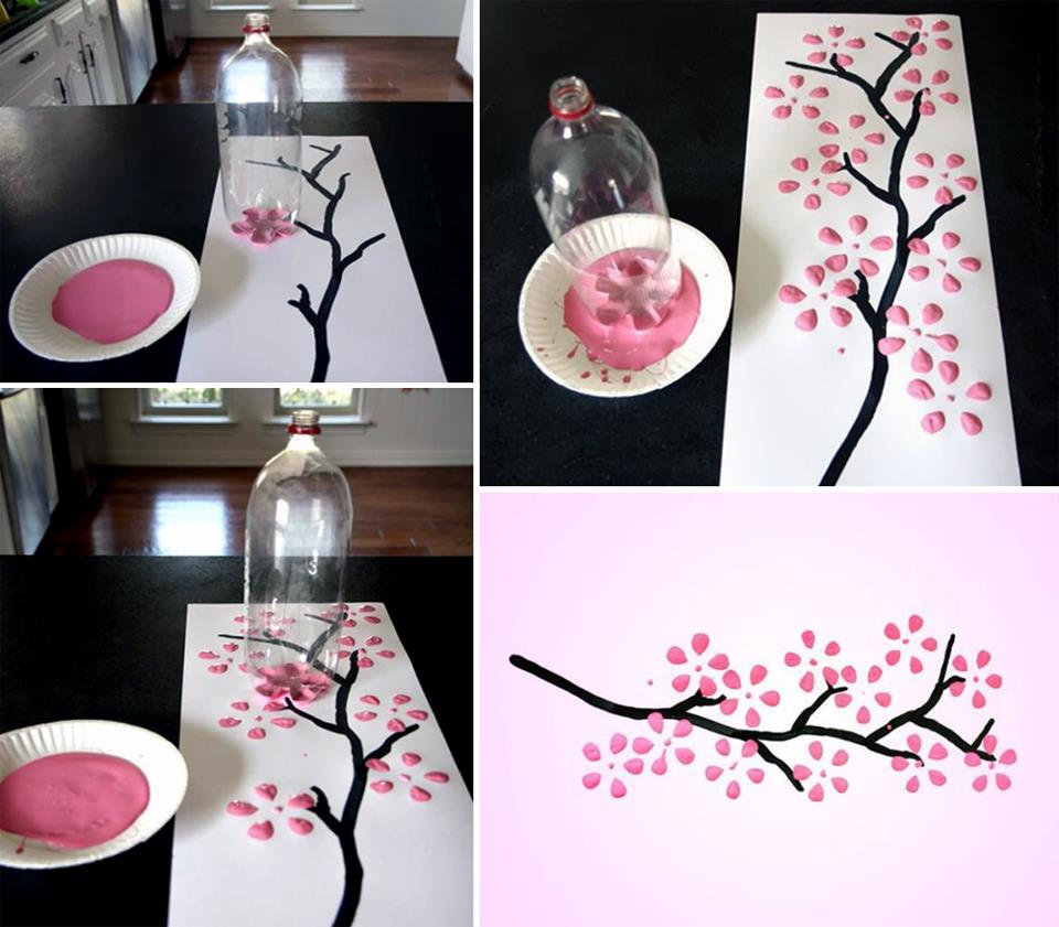 peinture d'un arbre avec des feuilles roses